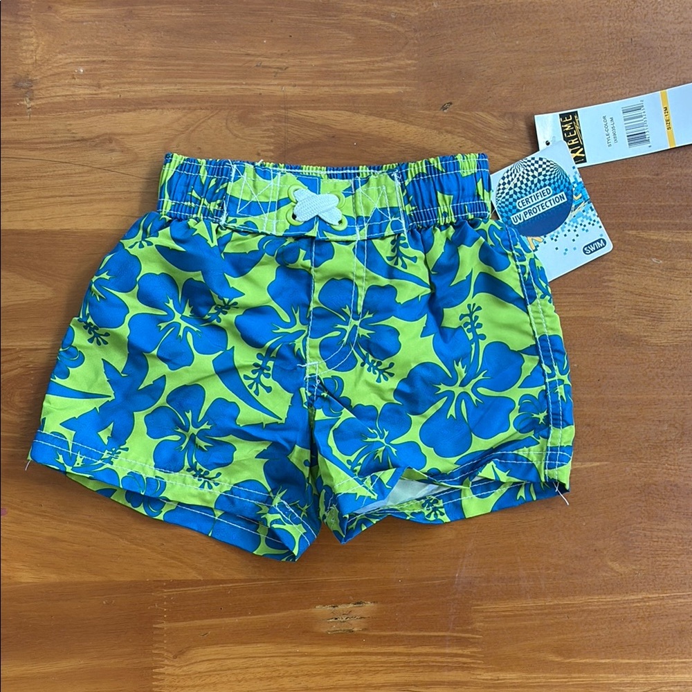 Blue and Green Tropical Print Shorts with Elastic Waistband